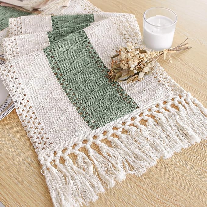 FEXIA Sage Green Table Runner 72 Inches Long with Tassels Boho for Easter Decor Macrame Farmhouse Table Runners for Home Decor Party Bohemian Rustic Bridal Shower Dining Decorations(12x72 Inches)
