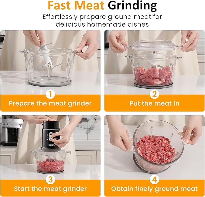 Sunvivi Electric Food Chopper, 4 in 1 Small Food Processor for Grinding Meat, Peeling Garlic & Juicing, 2 Speed Blender and Food Grinder Combo with 1.5L Glass Bowl & 2 Cups (0.4L+0.2L), Black