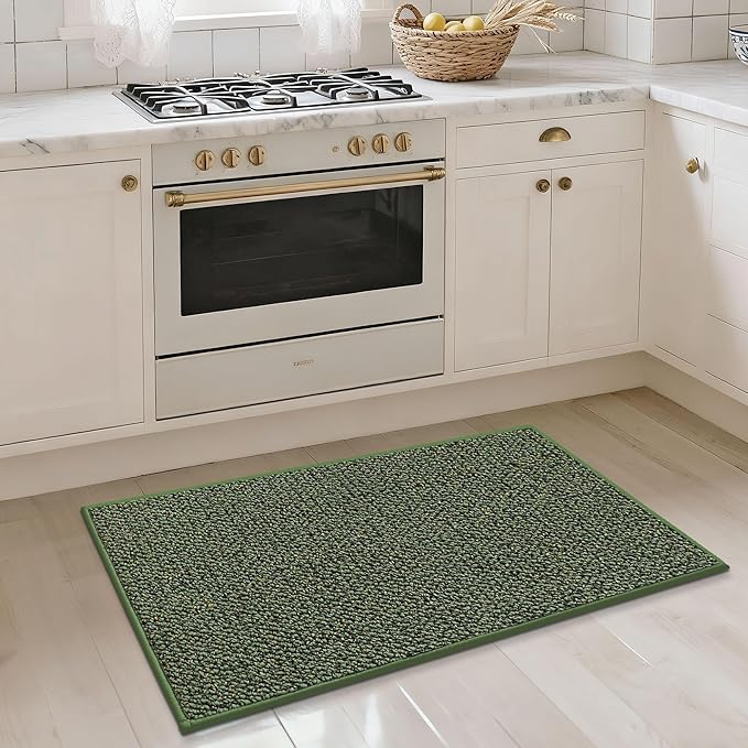 JSEI Kitchen Rugs, 17''x30'' Non-Slip Kitchen Mats for Floor, Machine Washable Absorbent and Stain Resistant Kitchen Runner, Carpet Mats with TPR Backing for Kitchen, Green
