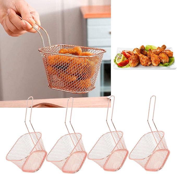 4Pcs Stainless Steel Frying Net Basket flexible design Cooking Strainer for French Fries Food Kitchen Tool(Rose gold)