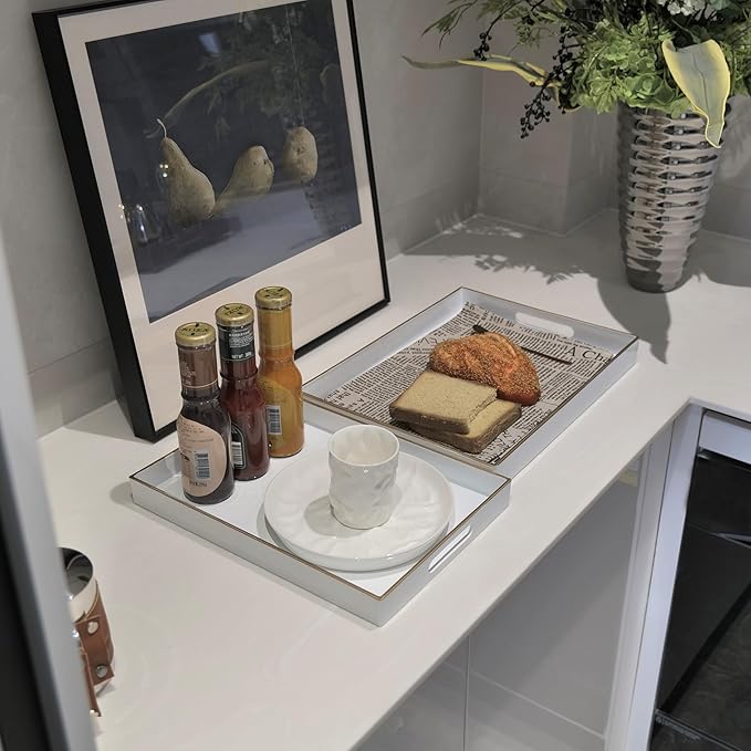 Serving Trays Set of 2, Decorative Plastic Serving Trays with Handles, Party Tray for Food, Coffee Table, Ottoman, Bathroom, and Living Room (White)