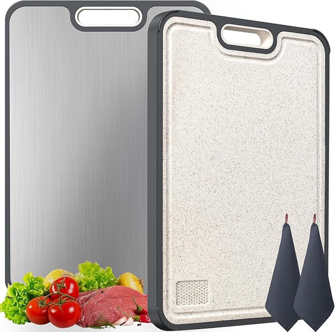 Suptikes Titanium Cutting Board,Double Sided Steel Cutting Boards for kitchen,Titannum/Wheat straw pp Large Board for meat,non toxic Chopping,16 * 11 Inch,Dishwasher Safe