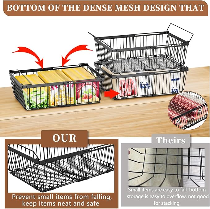 Large Freezer Organizer Bins，Upgraded Bottom Leak-Proof net，6 Pack， Expandable Stackable Chest Freezer Containers with Handle，for Fridge, Deep Freezer, Cabinet, Kitchen, Pantry (Black-6Pack)