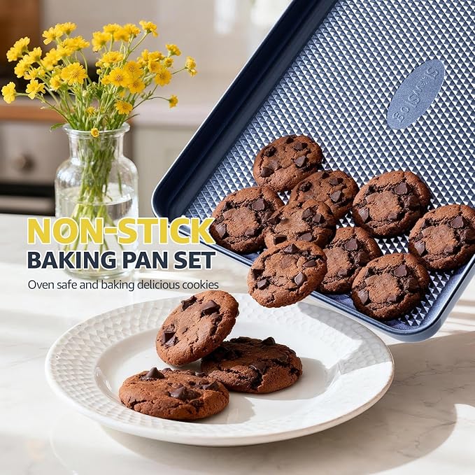 Slow Slog 3Pcs Nonstick Baking Sheet, Baking Sheet Pan Set, Jelly Roll Pans, Cookies Sheet for Baking, Cookie Sheet Pan with Diamond Texture, Blue