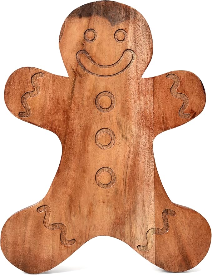 Treen Art Wood Cutting Board for Kitchen Christmas Ginger Bread Shaped Wooden Cutting Board with Grooves, Decorative cutting board for Cheese & Charcuterie Serving Platter 13.5"L x 10.75"W