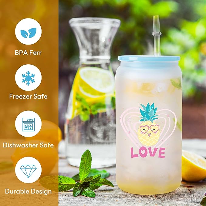 Joyclub 12 Pack Sublimation Blanks Bulk Frosted Glass Cups with Acrylic Lids16 OZ Borosilicate Can Glass Tumblers Wholesale for Beer Juice Soda Iced Coffee DIY Gifts