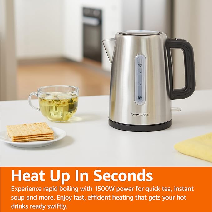 Amazon Basics Electric Stainless Steel Kettle for Tea and Coffee, BPA-Free, Fast Boiling, Auto Shut-Off, 1.7 Liter, 1500W, Black and Silver