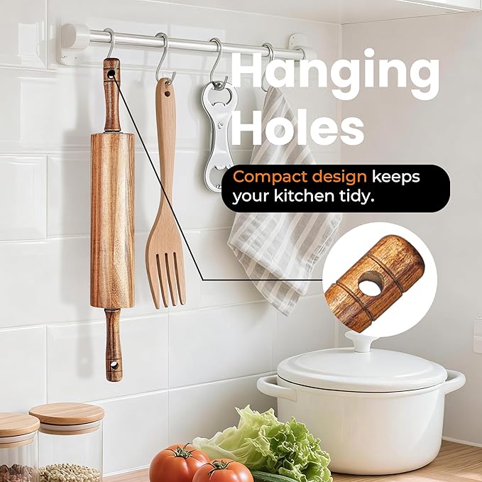 KARRYOUNG Acacia Wood Rolling Pin for Baking, Kitchen Dough Roller With Handles, Rodillo Para Masa, Rolling Pin for Dough, Pizza,Bread, Fondant & Tortilla
