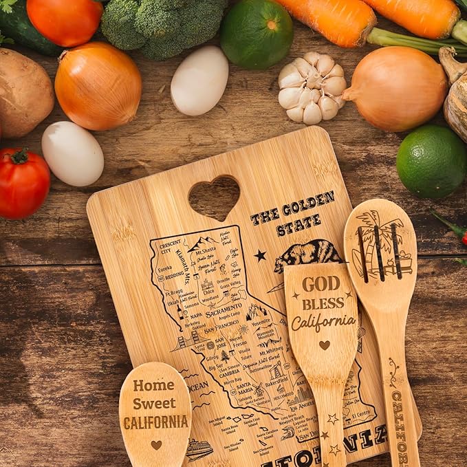 California State Cutting Board and Spoons Set, California Kitchen Decor with State Map Design, Charcuterie and Serving Board, Home Sweet California Theme Gifts for California Lovers.
