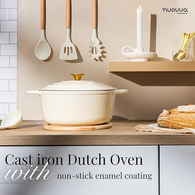 Cast Iron Pot with Lid – Non-Stick Ovenproof Enamelled Casserole Pot, Oven Safe up to 500° F – Sturdy Dutch Oven Cookware – Cream, 5-Quart, 24cm – by Nuovva