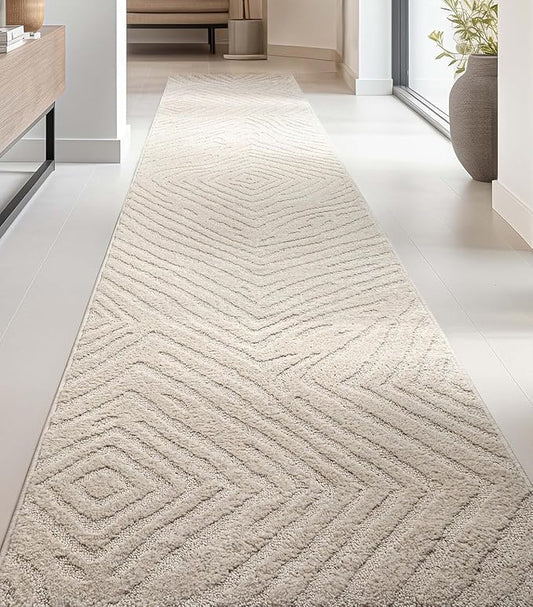 Well Woven Custom Size Hallway Stair Runner - Choose Your Length - 27 Inches Wide x 14 Feet Long Runner (27" x 14' Runner) Rug - Ivory Relajo Soft Touch, Modern Geometric - Hi-Lo Pile