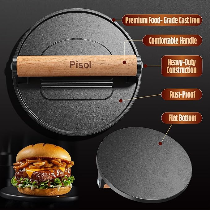 Pisol Smash Burger Press (2PCS), Pre-Seasoned Cast Iron Hamburger Smasher, Heavy-Duty Bacon Grill Press Tool with Wood Handle, (Round & Rectangle)