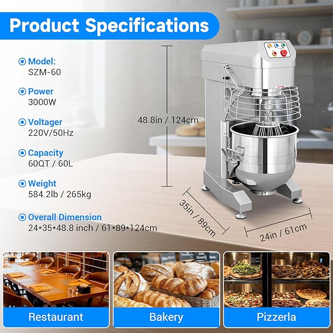 Ekway 60Qt Commercial Food Mixer, 3500W Heavy Duty Dough Mixer 3-Speeds Adjustable,Electric Commercial Stand Mixer with Stainless Steel Bowl for Kitchenaid Bakery and Pizzeria,220V