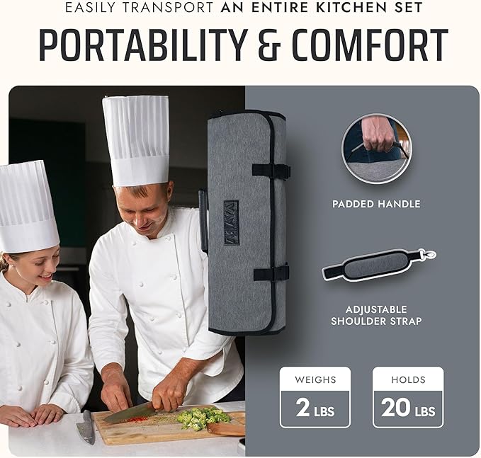 Asaya Chef Knife Roll Bag - 20 Total Pockets for Knives and Kitchen Utensils - Made with Stain Resistant Waxed Nylon - For Chefs and Culinary Students - Knives Not Included(Grey)