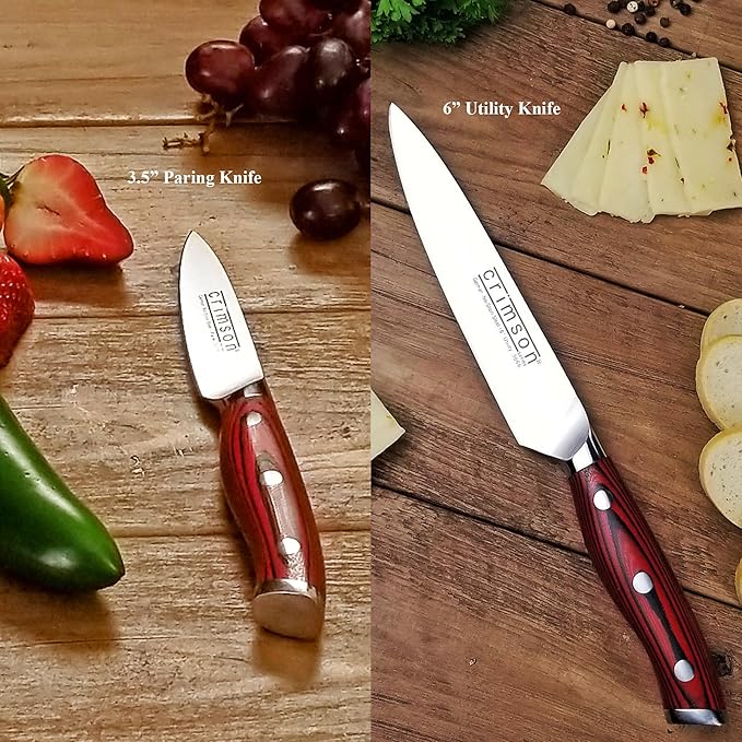 Ergo Chef Crimson Series Bamboo Block Knife Set Forged High Carbon X50CrMoV15 German Stainless-Steel, Full Tang, Durable G10 Handles (15pc. Block Set)