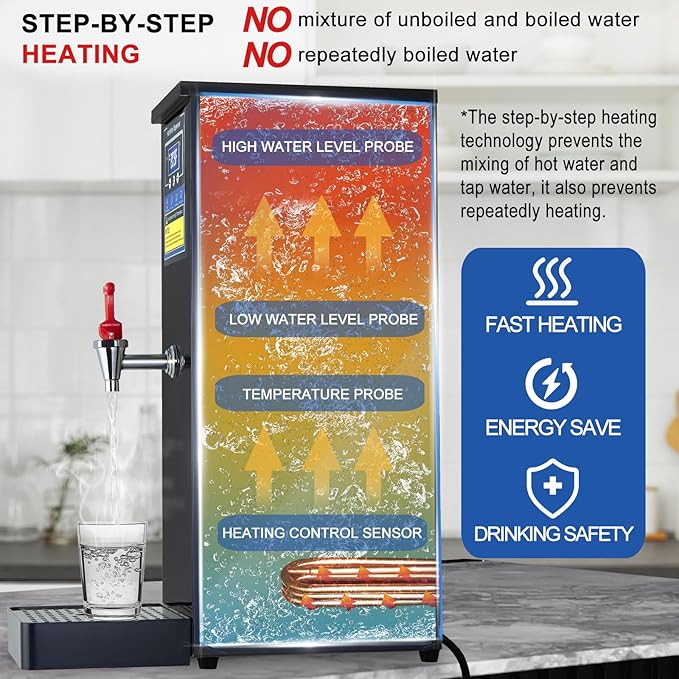 Commercial Hot Water Dispenser Commercial Water Boiler Electric Countertop Hot Water Machine Black 30L(8GAL)/Hour Step-heating Temperature Control 86-212°F for Boba Tea Coffee Office Restaurant 1600W
