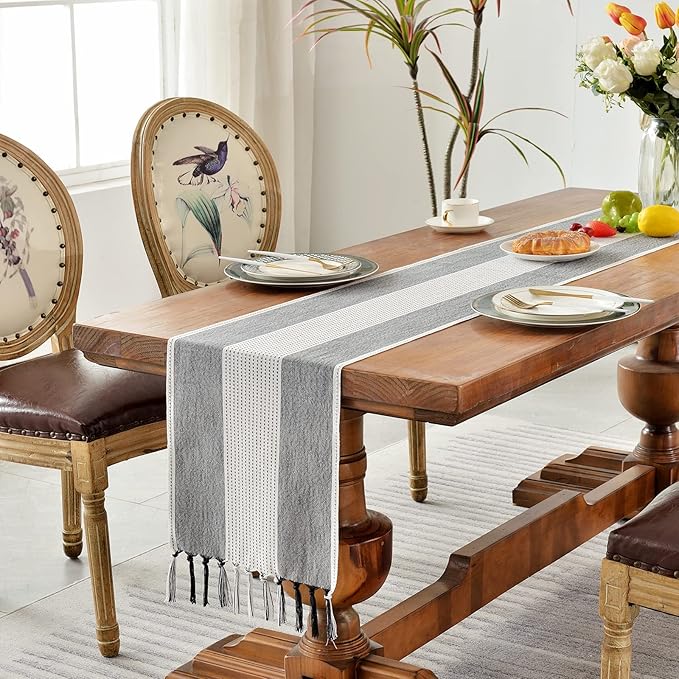 Wracra Linen Table Runner, Farmhouse Macrame Table Runners 72 Inches Long for Dining Table Decor, Wedding, Party and Dresser Decor (Black,72")