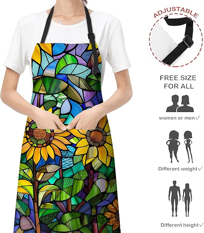 Stained Glass Sunflower Apron for Women Men, Cooking BBQ Chef Polyester Lightweight Floral Mosaic Design Aprons with Pockets for Baking Kitchen Gardening Cleaning, Adjustable, 28×33inch