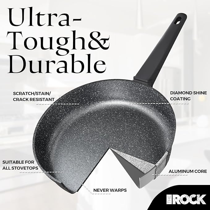 THE ROCK SOHO 8-Inch Non Stick Frying Pan with Lid – Nothing Sticks, Never Warps, Lasts Longer, Healthy Skillet with Heat-Resistant Handle, PFOA Free, Dishwasher Safe, Black