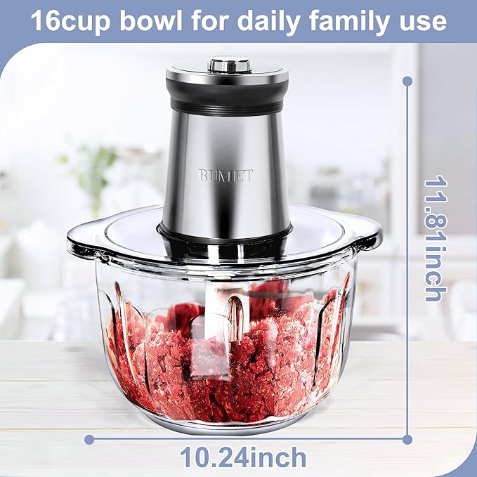 BUMET 16 cup glass bowl 850W Electric Food Processor,LED timer. 3-Tiered 6 Cutting Edges blade for mincing, chopping,Ideal as meat grinder,fresh vegetables chopper,pet food process in kitchen.