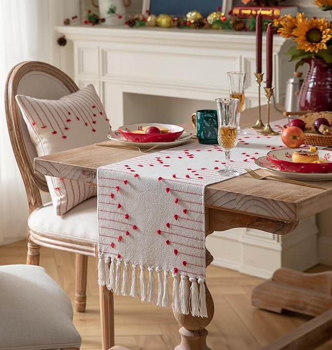 Valentines Table Runner 13 x 72 Inch Long Natural Cotton Woven Runner with Tassels for Home Dining Valentine's Day Decorations, for Modern Farmhouse Holiday Boho Red Table Runner