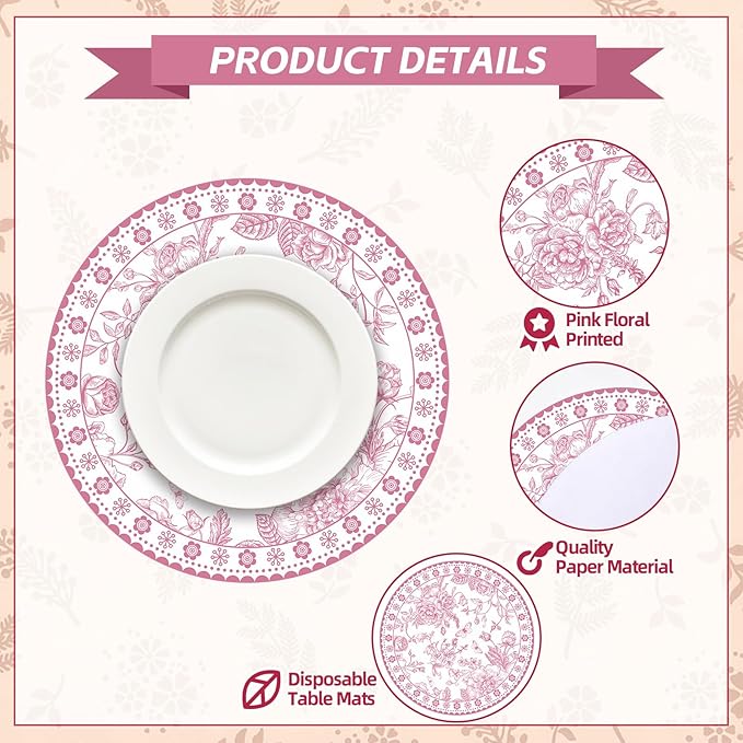 50 Pcs 14 Inch Pink Floral Paper Place Mats Chinoiserie Round Placemats Flower Disposable Decorative Table Mats for Dinner Table Setting Banquet Party Supplies