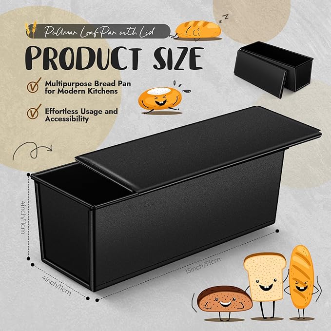 2 Pack 2 lb 13 x 4 Inch Pullman Loaf Pan with Lid Dough Capacity Bread Loaf Pan with Cover, Nonstick and Quick Release Coating for Home Bakeware Bread Toast Oven Baking(Black)