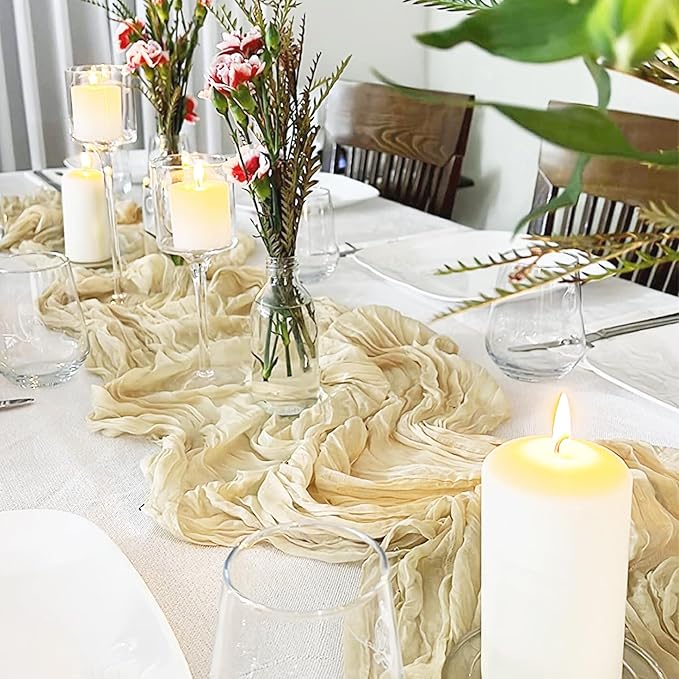 10 Pack Beige Cheesecloth Table Runner 6FT Boho Gauze Fabric Table Runner Vintage Rustic Sheer Runners for Wedding Party Bridal Baby Shower Long Table Decorations