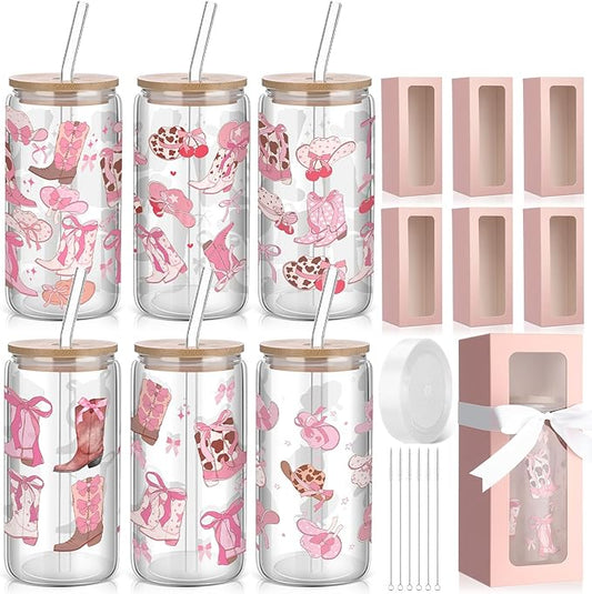 6 Pcs Coquette Bow Aesthetic Cup with Gift Box 16 oz Cowgirl Pink Bow Glass Cup with Lid and Straw Iced Coffee Tumbler Cowgirl Gifts Drinking Jar for Women Friend Sister Girlfriend