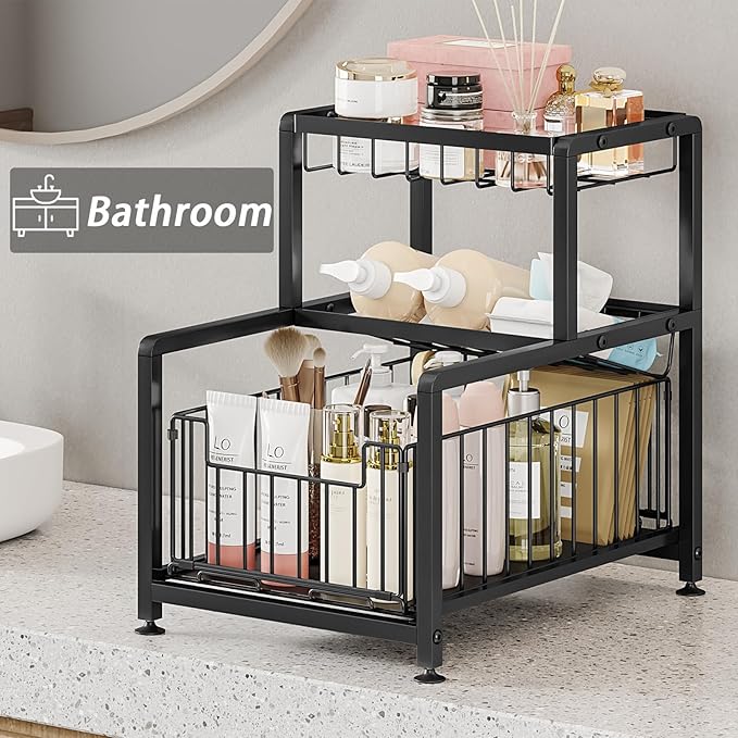 Under Sink Organizers, Pull Out Cabinet Organizer and Storage, Kitchen Cabinet Storage Shelf, Slide Out Spice Rack Organizer, Slip-Resistant Organizer Shelves with Drawer Design (Black, 3Tier)