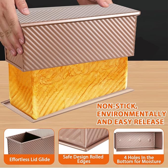 AVSQUINE Non-Stick Pullman Loaf Pan with Lid 13x4 Inch - 2.2lb Carbon Steel Bread Baking Pan with 4 Vent Holes, Heavy Duty Sourdough Loaf Pan with Cover for Homemade Sandwich Bread (Gold)