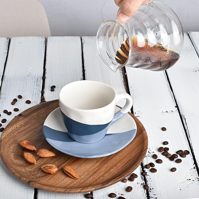 Bosmarlin Stoneware Coffee Cup Mug with Saucer Set of 2 for Latte, Cappuccino, Tea, Oz, Dishwasher and Microwave Safe (Geometric Blue, 2)