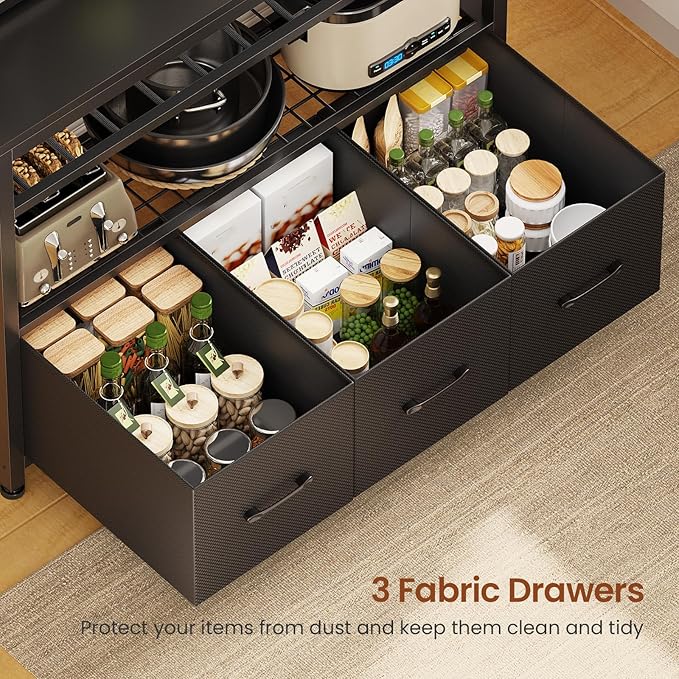 Itaar Bakers Rack with Storage Drawers, Microwave Stand with Power Outlet and LED Lights, 35.4 inch Coffee Bar Cabinet with Hutch, Wine Rack and Hooks for Kitchen, Living Room, Black