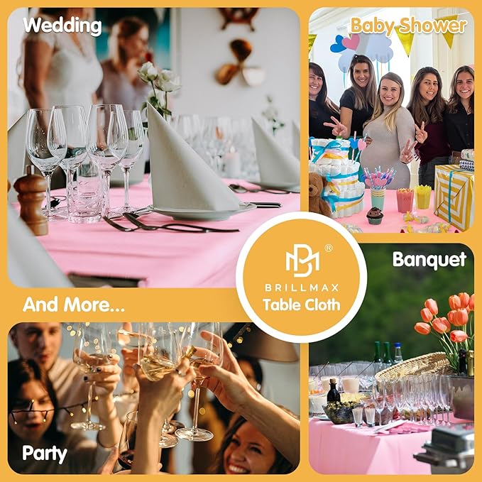 BRILLMAX 6 Pack Pink Tablecloths 90 x 132 Inch for 6ft Rectangle Tables - 150 GSM Polyester Fabric, Floor Length Drop, Water, Stain & Wrinkle Resistant Cloth Cover for Wedding Reception Banquet