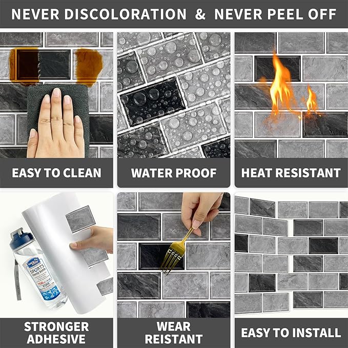 URCOLOR 10-Sheet Peel and Stick Backsplash for Kitchen,12"x12" Self Adhesive Wall Tiles Stick on Back Splashes for Bathroom Gray Marble Look