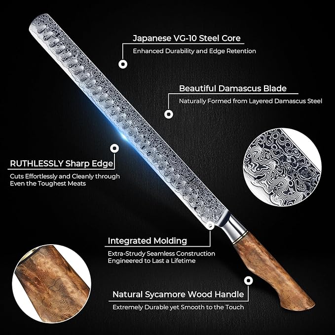 SENKEN 12" Damascus Steel Brisket Knife - Dynasty Collection - 67-Layer Japanese VG10 Steel with Natural Sycamore Wood Handle - Ultra Sharp Carving Knife for Brisket, Roasts