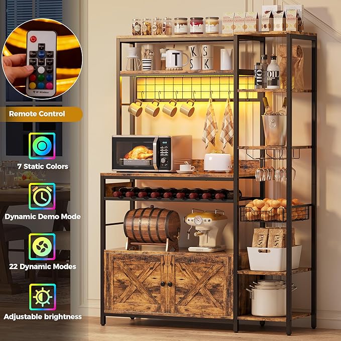 IRONCK Bakers Rack with Power Outlet, 47.24 Inch Coffee Bar Cabinet, Kitchen Microwave Stand with Storage, Kitchen Shelf with Shelves, LED Light, Globlet Holder and Wine Basket, Vintage Brown