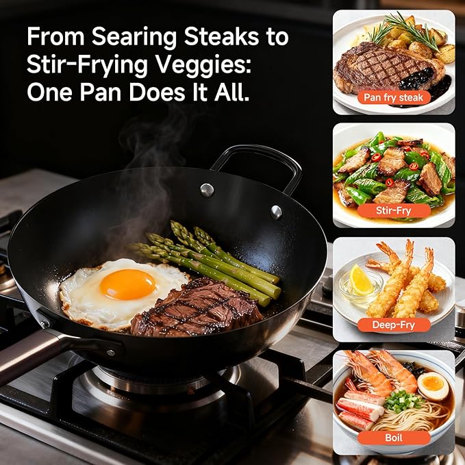 SUMEIGUAN 13.5" Carbon Steel Wok Pan - Pre-Seasoned Flat Bottom Woks & Stir-fry Pans Chinese Cookware with Lid & Spatula - For Pan-fry,Stir Fry, Steam, BBQ & Camping - Compatible with Induction, Gas