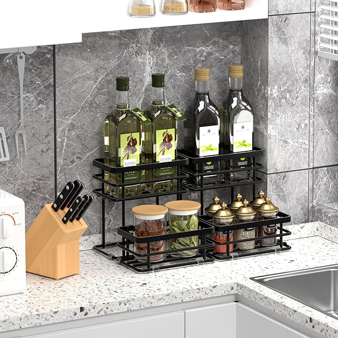 Coffee Syrup Rack Organizer, Syrup Bottle Holder Stand for Coffee Bar, 2-Tier 4 Bottles Storage Shelves for Syrup, Wine, Dressing for Kitchen Countertop (4 Bottles Black)