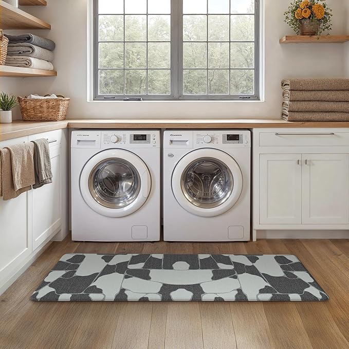 GENIMO Kitchen Mats for Floor 2PCs, Washable Anti Fatigue Mat for Cushioned, 17.3"x47"+17.3"x30", Waterproof Kitchen Rugs, Non Slip Comfort Standing Mat Rug for Sink, Laundry, Home, Black & White