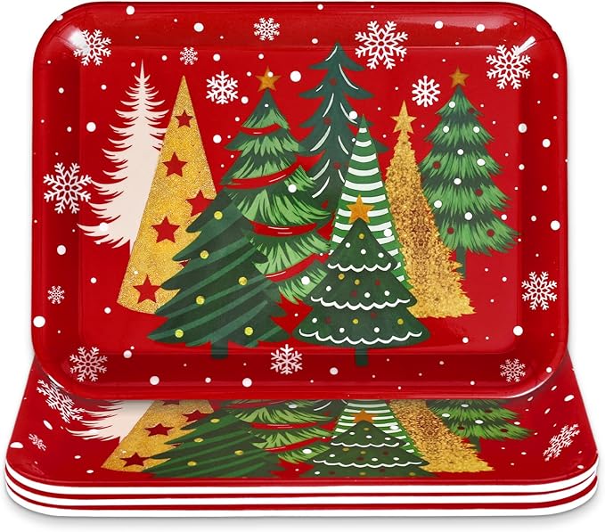 JarThenaAMCS 3Pcs Christmas Serving Trays Reusable Serving Dishes Gold Green Xmas Tree Snowflake Platter for Winter Party Sharing Snacks Fruits Dessert, 13 x 10 Inch
