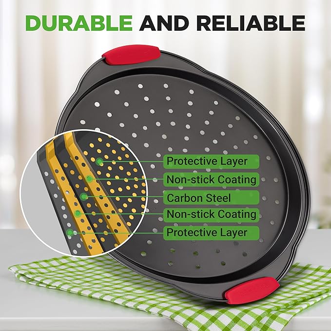 NutriChef 2-Piece 13-Inch Nonstick Pizza Tray, Round Carbon Steel Non-Stick Pizza Pan with Perforated Holes, Premium Bakeware Pizza Screen with Silicone Grip Handles, Dishwasher Safe, NCBPIZX2