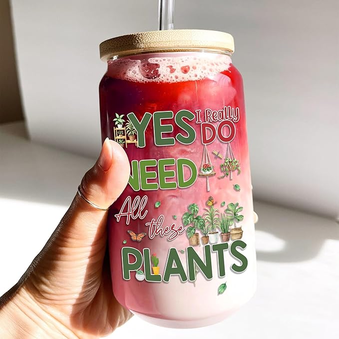 Gifts for Plant Lovers 16 Oz Glass Cup with Lid and Straw Plant Lady Coffee Mug Funny Plants Lover Tumbler Mothers Day Christmas Birthday Present for Gardeners Women Men Mom Dad