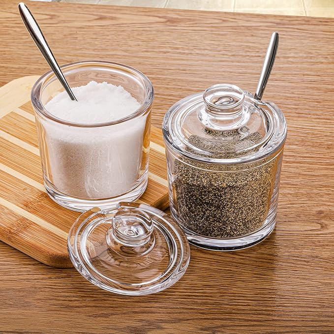 Frcctre Set of 2 Glass Sugar Bowl, 6 Ounces Clear Sugar Jar with Spoon and Lid, Salt Spice Pepper Bowl Seasoning Jar Condiment Pots Dispenser Container for Home Kitchen Coffee Bar