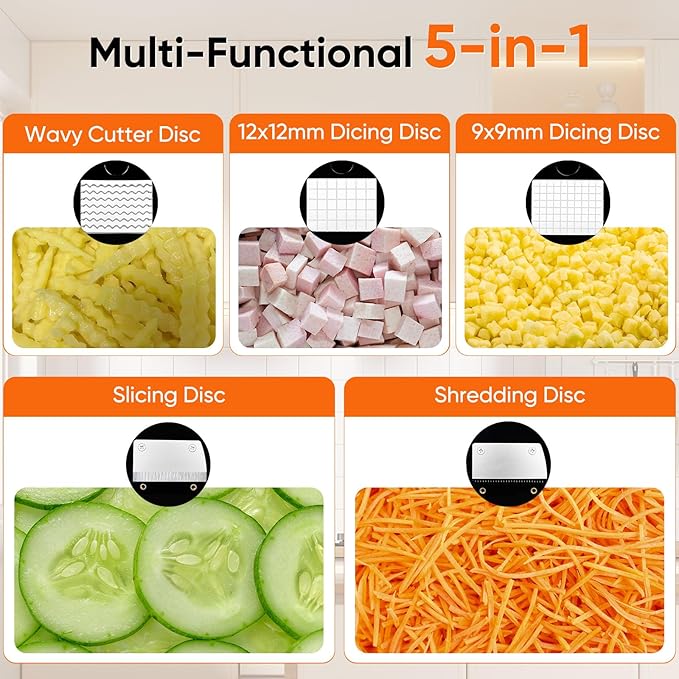 5-in-1 Electric Vegetable Chopper, Commercial Food Dicer - Multifunctional Vegetable Cutter Processor with Dual Feed Chutes for Dicing, Slicing, Grating and Julienning