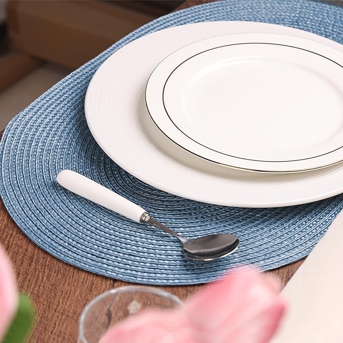 AHHFSMEI Placemats Set of 6 for Dining Table Washable Woven Non-Slip 18x12 inches Placemat Heat-Resistant Durable Table Mats for Dining Table Easy to Clean(Light Blue)