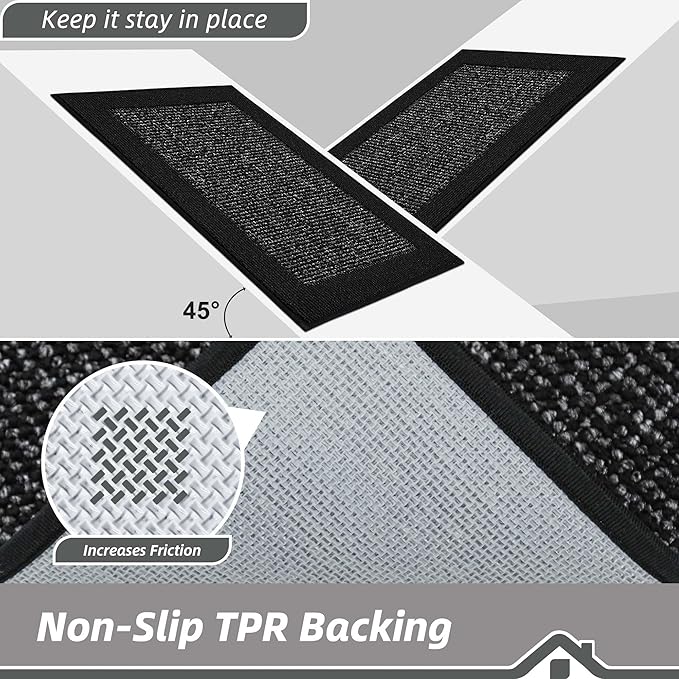 BEQHAUSE Kitchen Rugs and Mats Set of 2 Non-Slip Kitchen Mats for Floor, Absorbent and Stain Resistant Kitchen Runner, Machine Washable Rugs for Kitchen, Laundry & Sink, 20"x32"+20"x48", Black