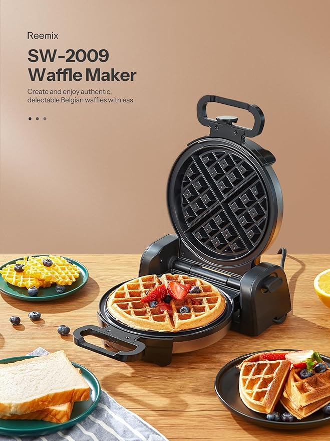 Reemix Waffle Maker, 180° Rotating Belgian Waffle Maker Round Classic Belgian 4-Piece, Evenly Baked | Non-Stick | Fast Preheat, Black+Silver