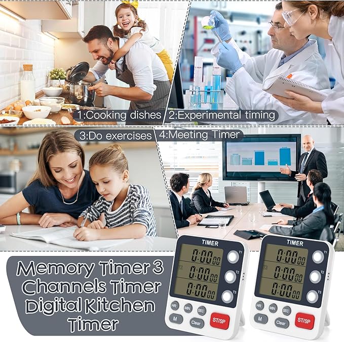 2Pcs Digital Dual Kitchen Timer,3-Channel Magnetic Countdown Stopwatch Timer for Cooking Suitable for Old People,Classrooms,Kitchens, Etc. (Excluding Batteries)