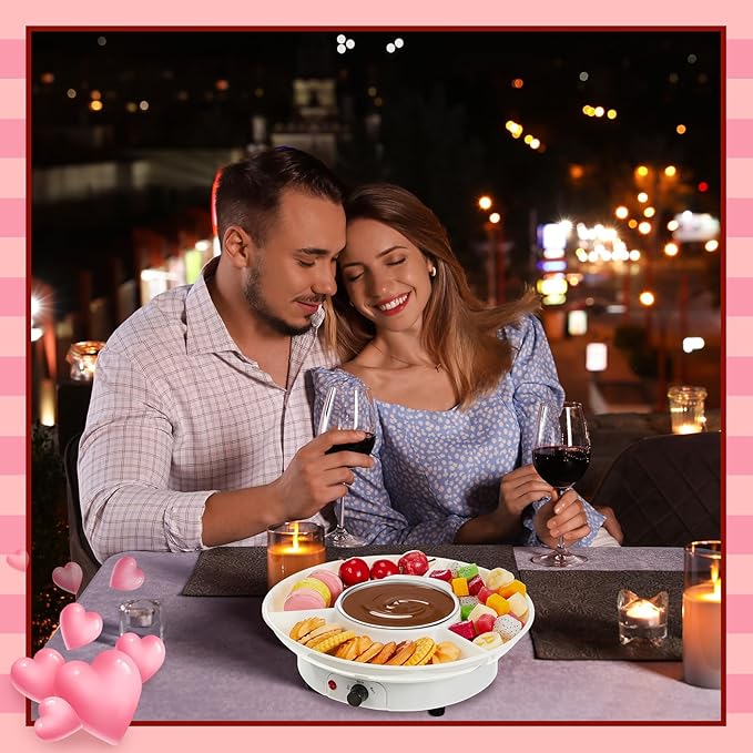 Lallisa Electric Fondue Pot Set, Chocolate Fondue Kit, Electric Fondue Maker, Detachable Serving Trays with 4 Roasting Forks, Gift Set for Date Night House Warming Melting Parties(White)